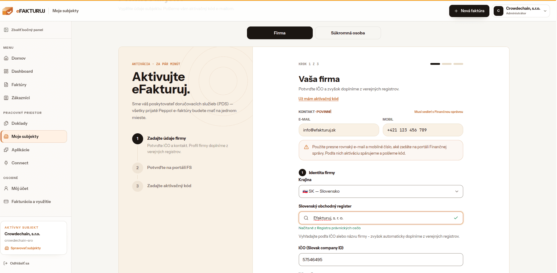 eFakturuj: Pridať firmu — výber z obchodného registra a kontaktné údaje