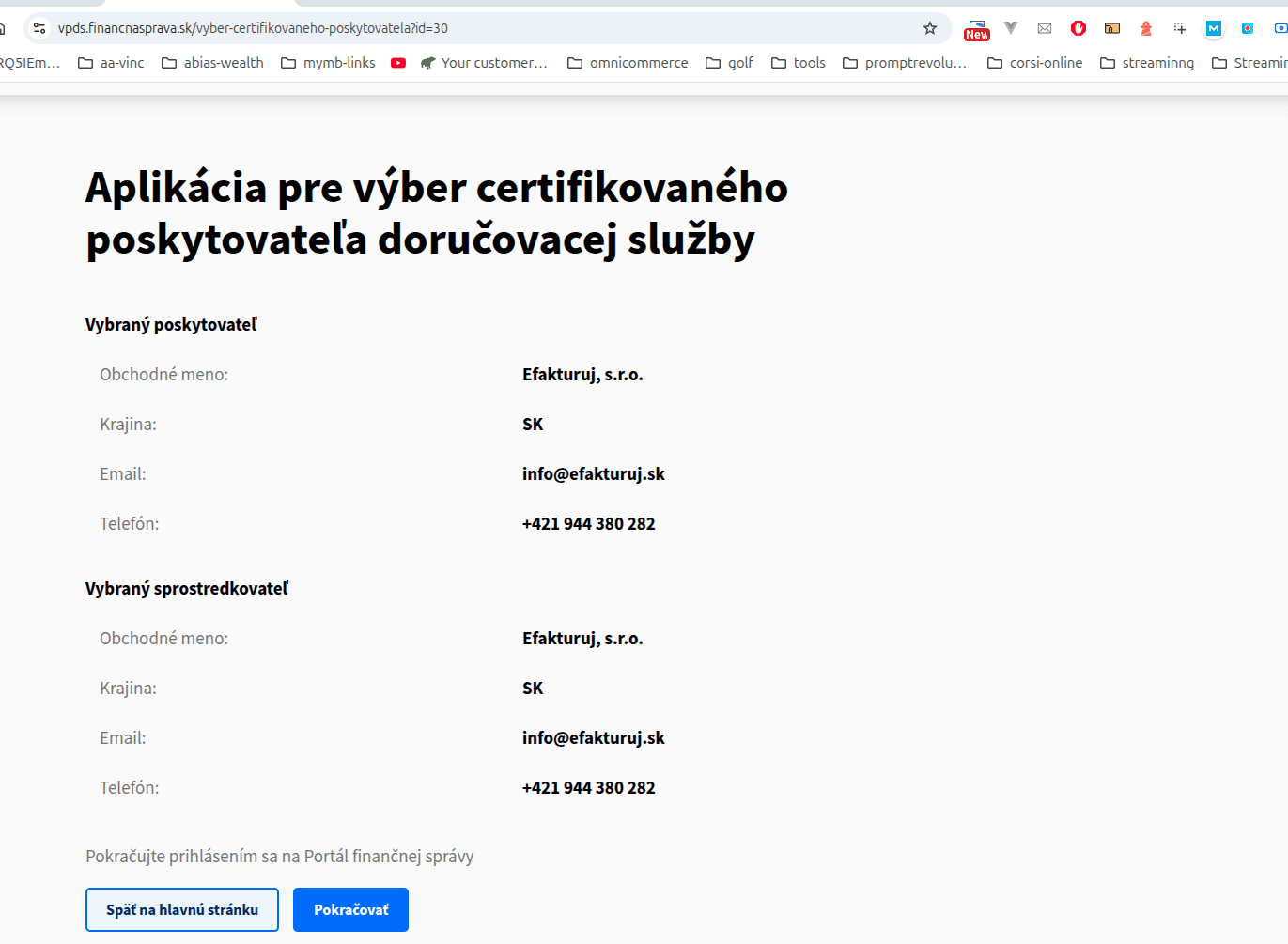 VPDS: vybraný poskytovateľ Efakturuj, s.r.o., tlačidlo Pokračovať