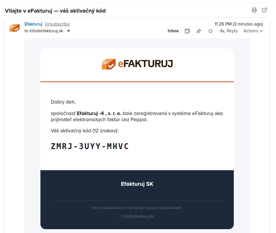 E-mail Vitajte v eFakturuj s 12-znakovým aktivačným kódom